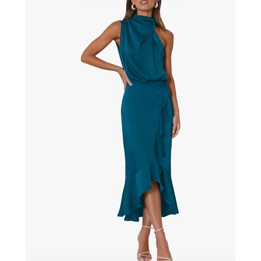 NEW Satin Sleeveless Mock Neck Wrap Mermaid Hem Maxi Dress XL